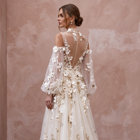 Boho Tulle Wedding Dress with Floral Appliques