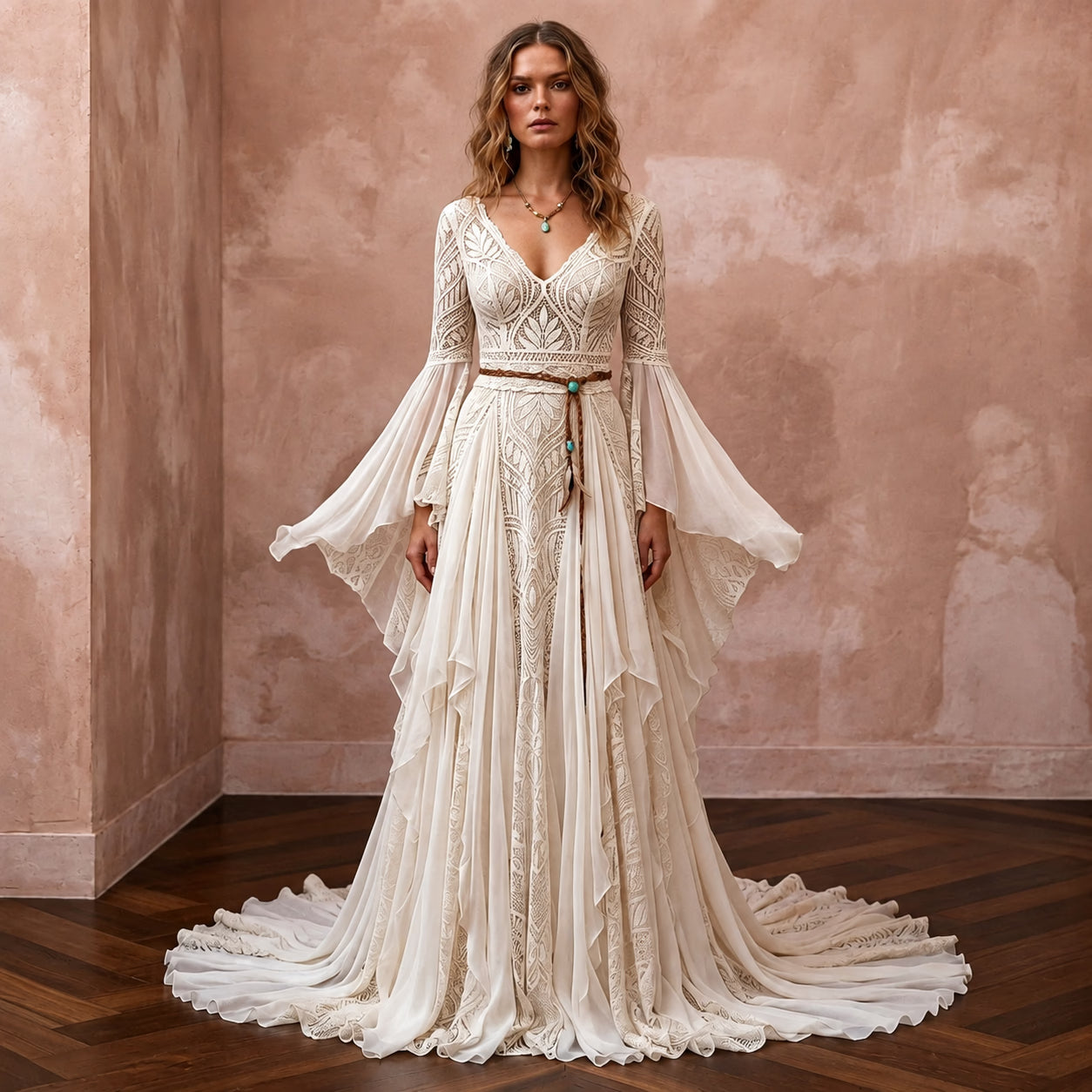 Boho Wedding Dress with Bell Sleeves for a Mountain Ceremony