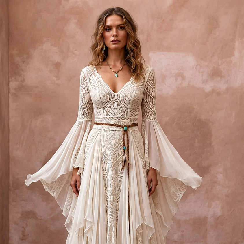 Boho Wedding Dress with Bell Sleeves for a Mountain Ceremony