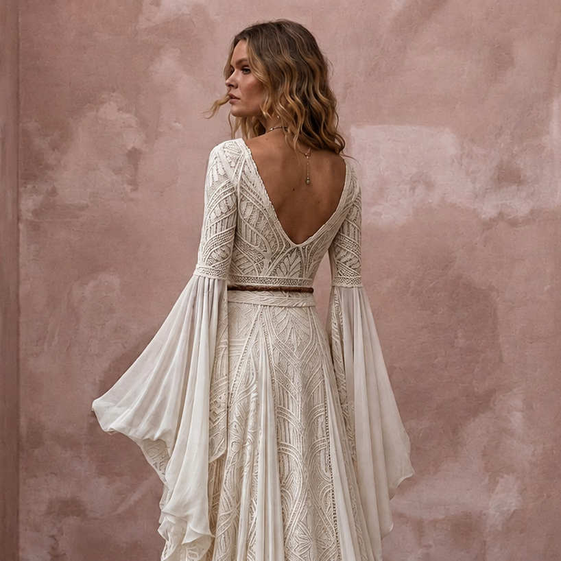 Boho Wedding Dress with Bell Sleeves for a Mountain Ceremony