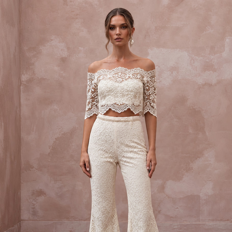 Boho White Cotton Lace Bridal Top & Flared Pant Set for Beach Rehearsal