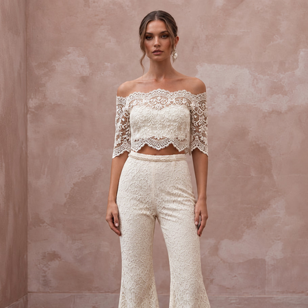 Boho White Cotton Lace Bridal Top & Flared Pant Set for Beach Rehearsal