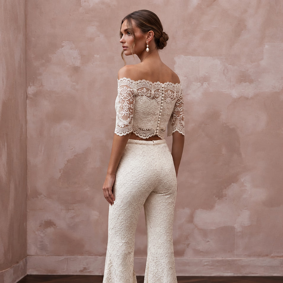 Boho White Cotton Lace Bridal Top & Flared Pant Set for Beach Rehearsal