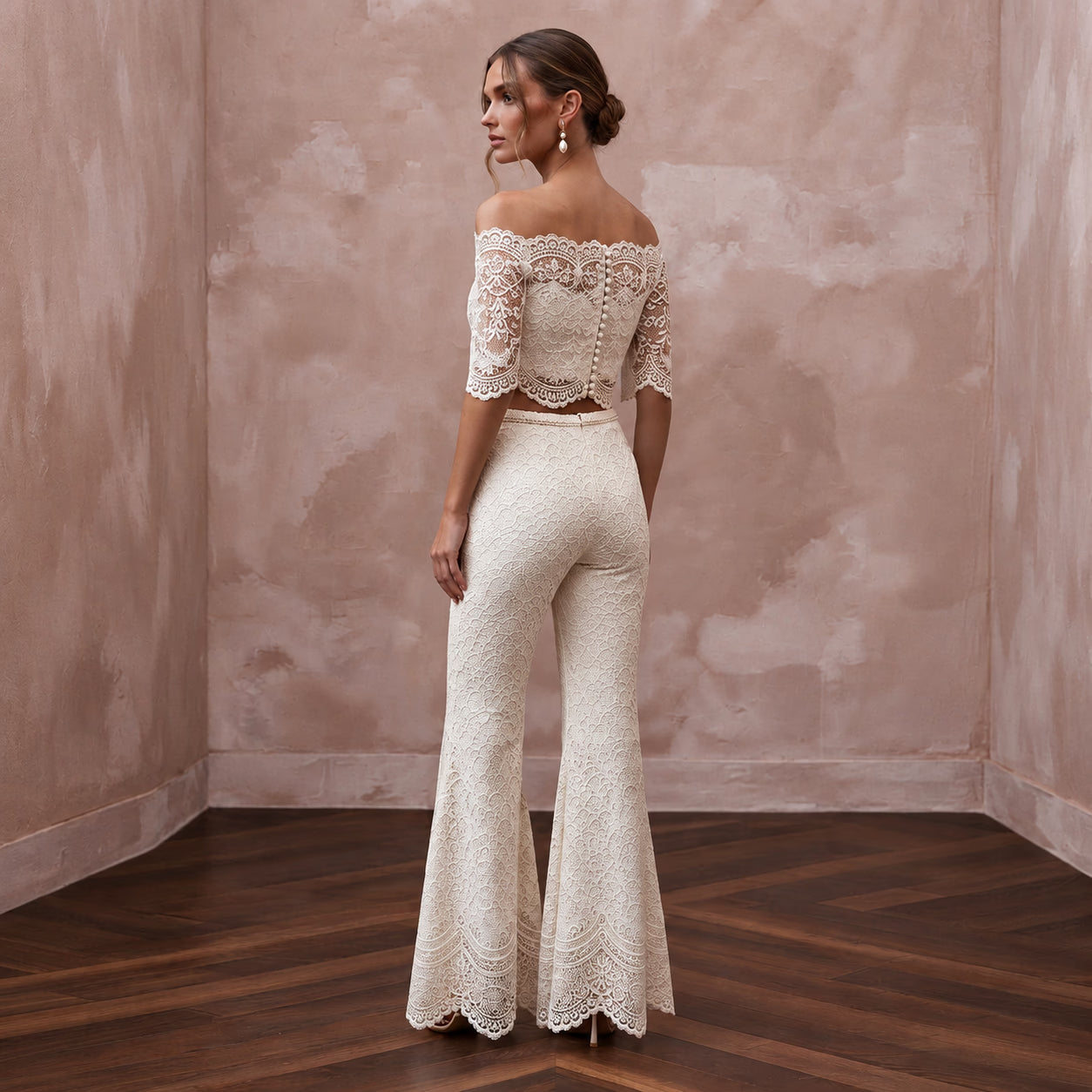 Boho White Cotton Lace Bridal Top & Flared Pant Set for Beach Rehearsal Secondary image