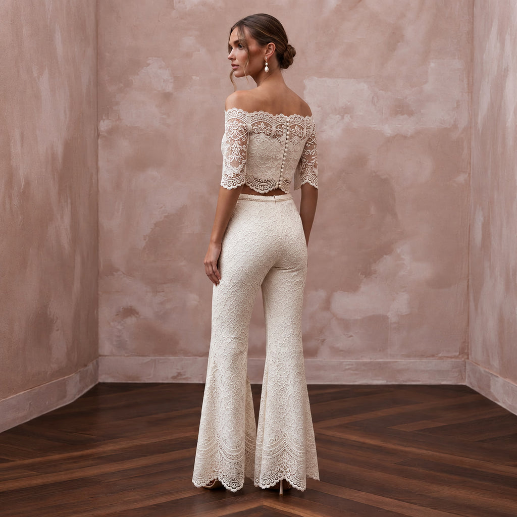 Boho White Cotton Lace Bridal Top & Flared Pant Set for Beach Rehearsal