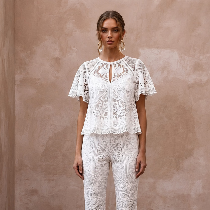 Boho White Cotton Lace Top & Flared Pant for Beach Rehearsal - Apparel & Accessories > Clothing > Wedding & Bridal Party Dresses > Wedding Dresses - Mignonette Bridal