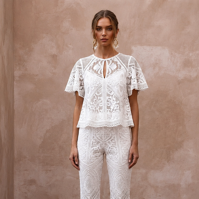 Boho White Cotton Lace Top & Flared Pant for Beach Rehearsal