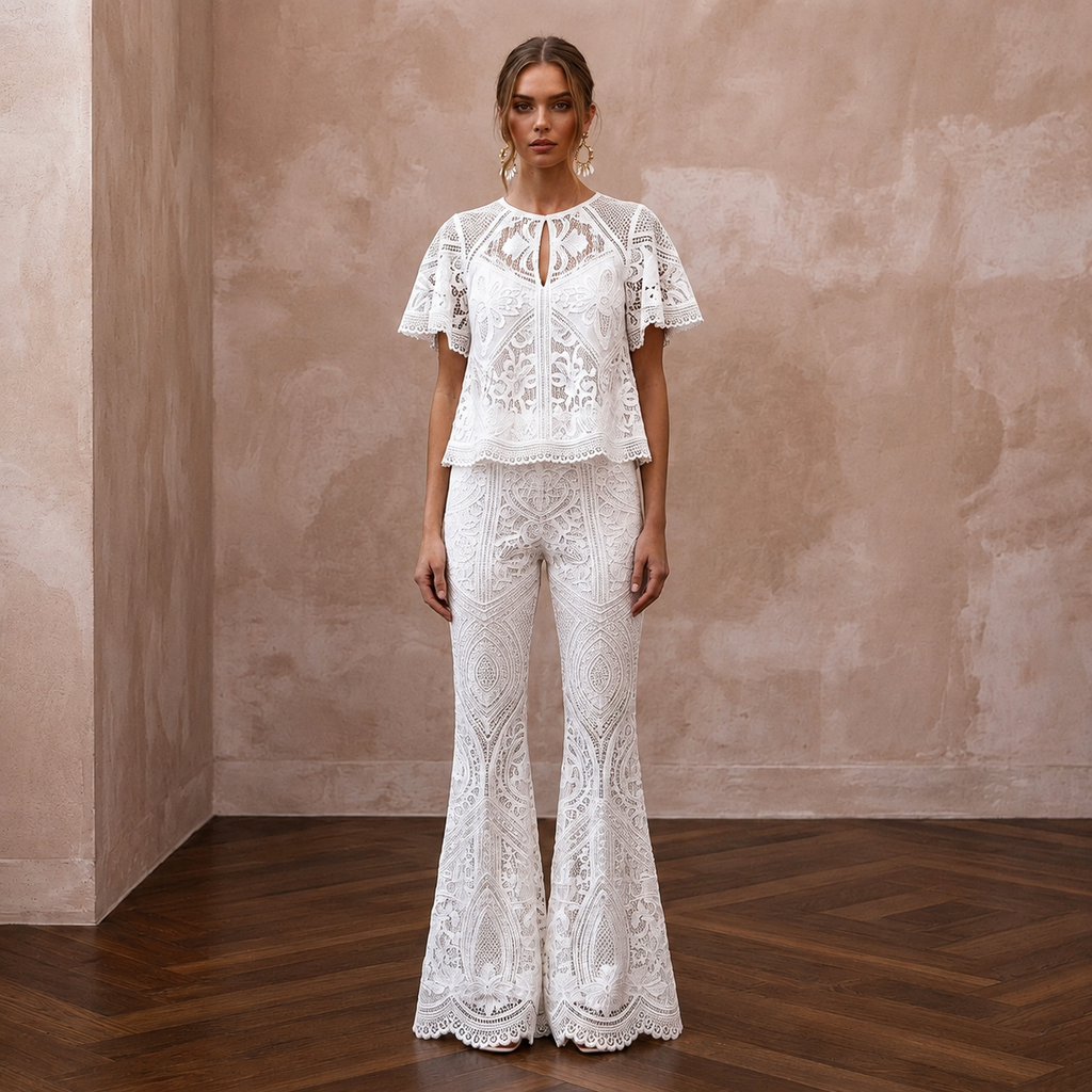 Boho White Cotton Lace Top & Flared Pant for Beach Rehearsal