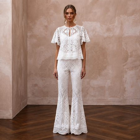 Boho White Cotton Lace Top & Flared Pant for Beach Rehearsal