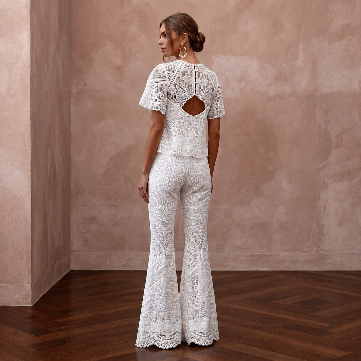 Boho White Cotton Lace Top & Flared Pant for Beach Rehearsal - Apparel & Accessories > Clothing > Wedding & Bridal Party Dresses > Wedding Dresses - Mignonette Bridal