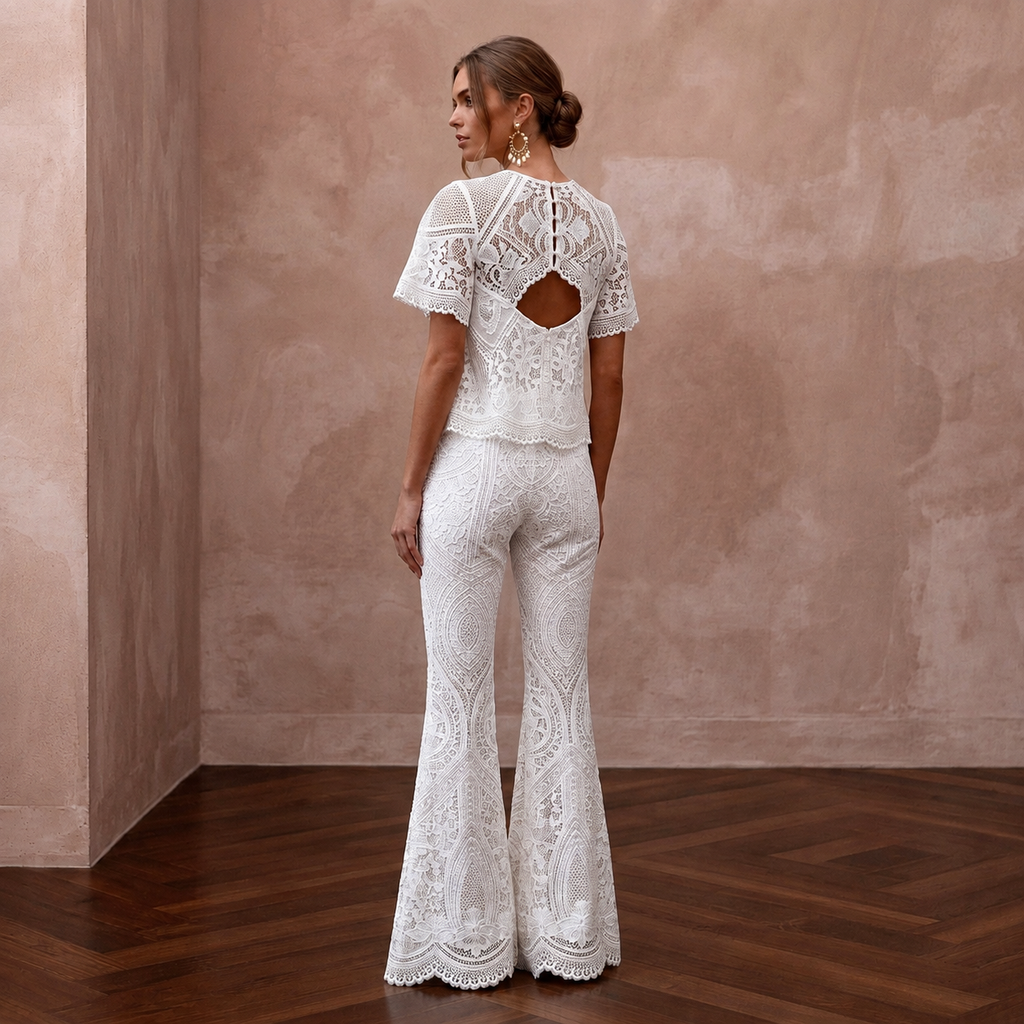 Boho White Cotton Lace Top & Flared Pant for Beach Rehearsal