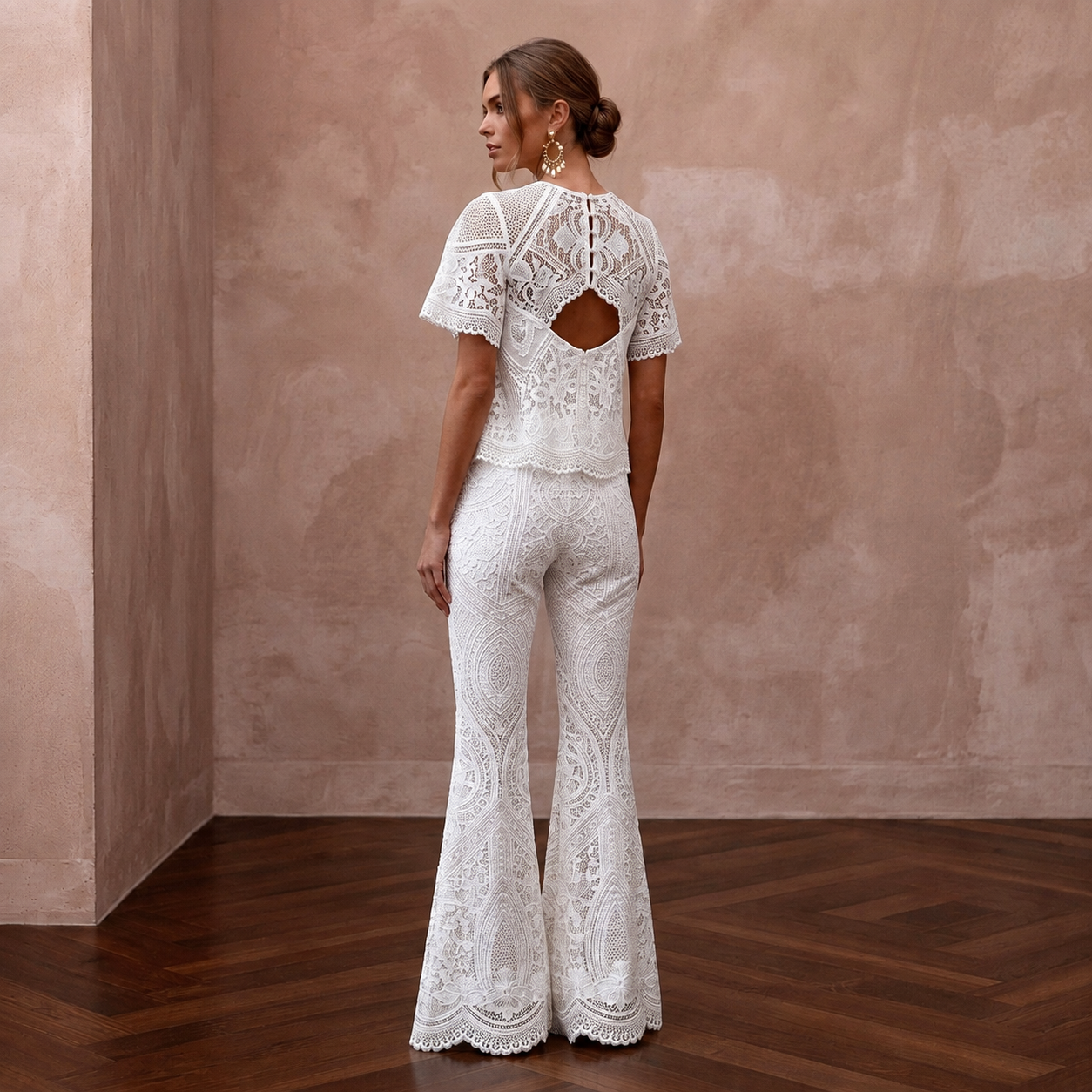 Boho White Cotton Lace Top & Flared Pant for Beach Rehearsal