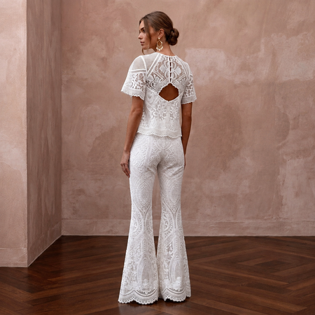 Boho White Cotton Lace Top & Flared Pant for Beach Rehearsal