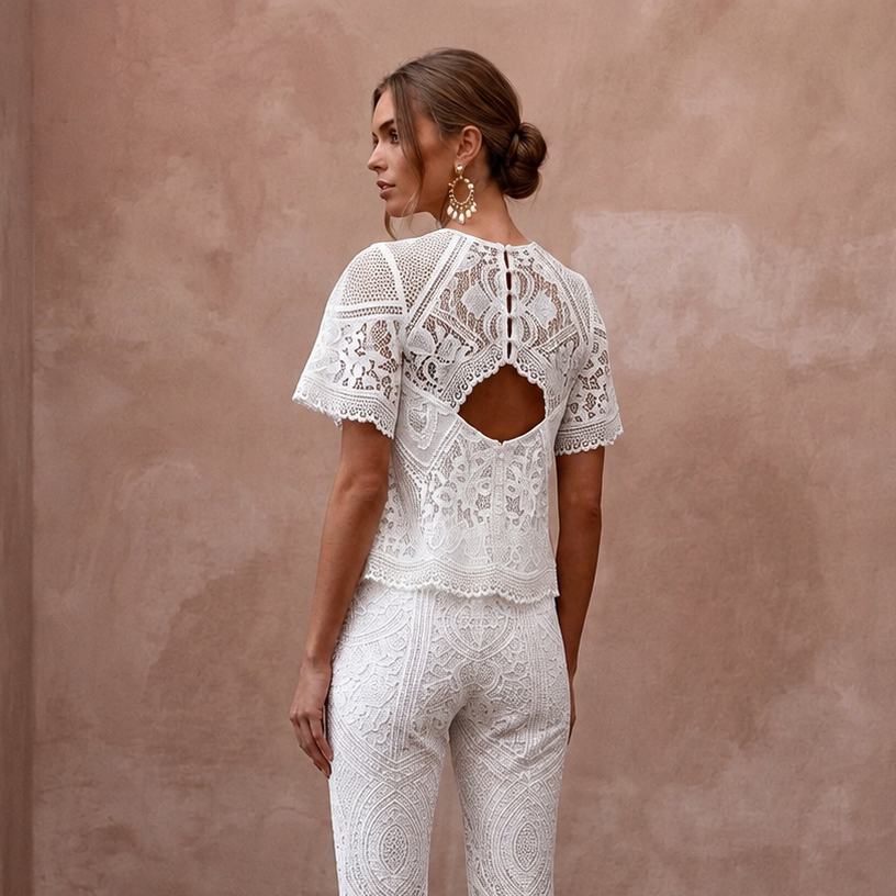 Boho White Cotton Lace Top & Flared Pant for Beach Rehearsal