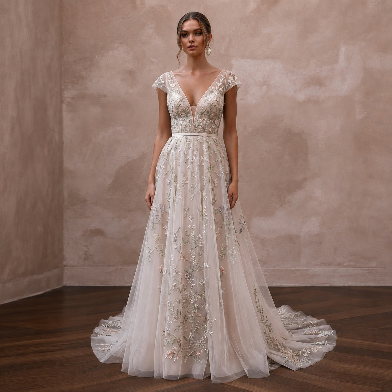 Botanical Embroidered Bridal Gown with V-Neck for a Spring Ceremony