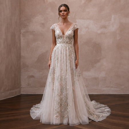 Botanical Embroidered Bridal Gown with V-Neck for a Spring Ceremony