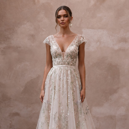 Botanical Embroidered Bridal Gown with V-Neck for a Spring Ceremony