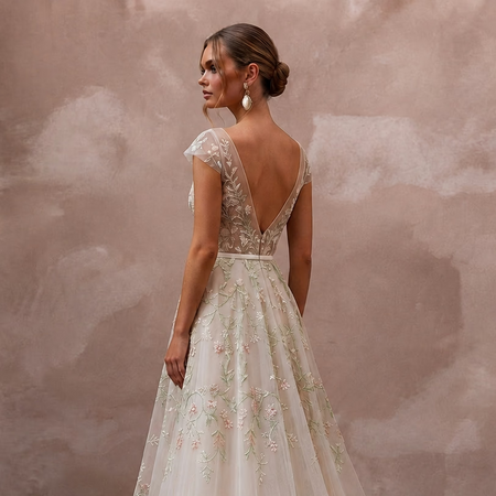 Botanical Embroidered Bridal Gown with V-Neck for a Spring Ceremony