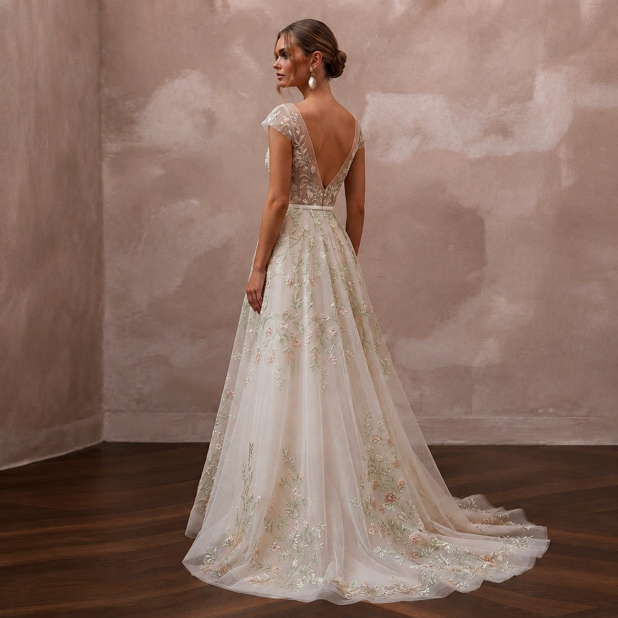 Botanical Embroidered Bridal Gown with V-Neck for a Spring Ceremony