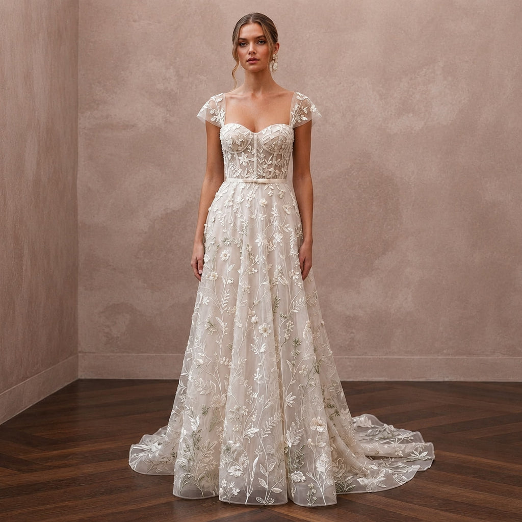 Botanical Ivory Embroidered Organza Dress for Park Elopement - Apparel & Accessories > Clothing > Wedding & Bridal Party Dresses > Wedding Dresses - Mignonette Bridal