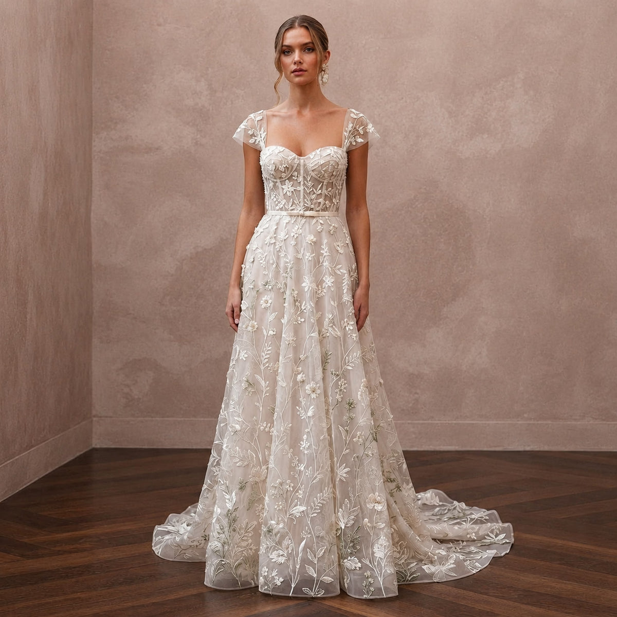 Botanical Ivory Embroidered Organza Dress for Park Elopement - Apparel & Accessories > Clothing > Wedding & Bridal Party Dresses > Wedding Dresses - Mignonette Bridal