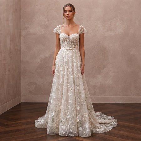 Botanical Ivory Embroidered Organza Dress for Park Elopement - Apparel & Accessories > Clothing > Wedding & Bridal Party Dresses > Wedding Dresses - Mignonette Bridal