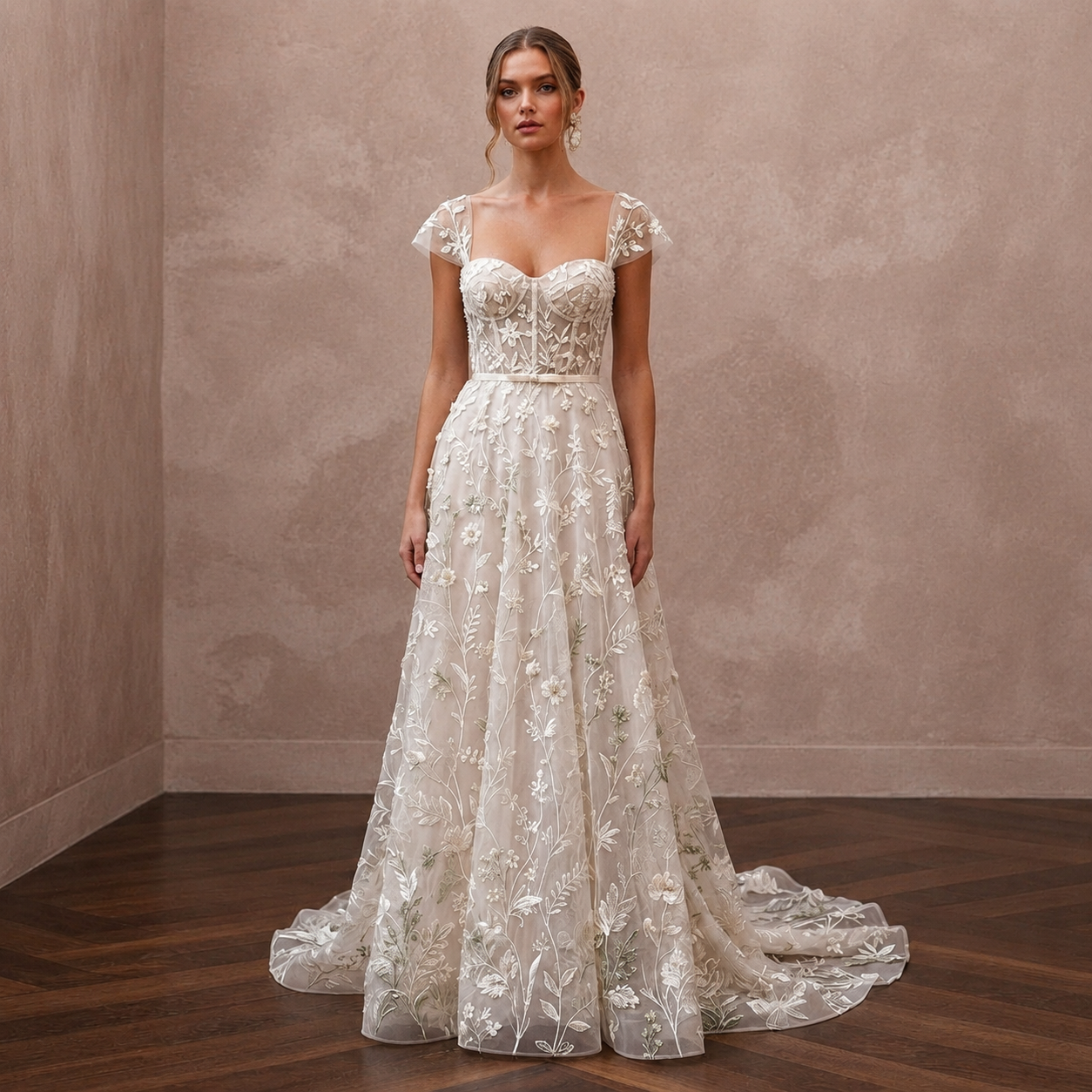 Botanical Ivory Embroidered Organza Dress for Park Elopement Main image