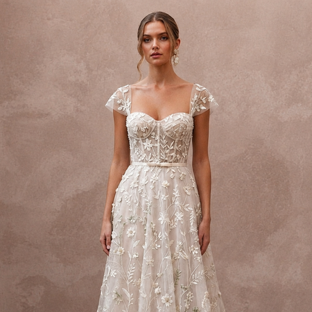 Botanical Ivory Embroidered Organza Dress for Park Elopement