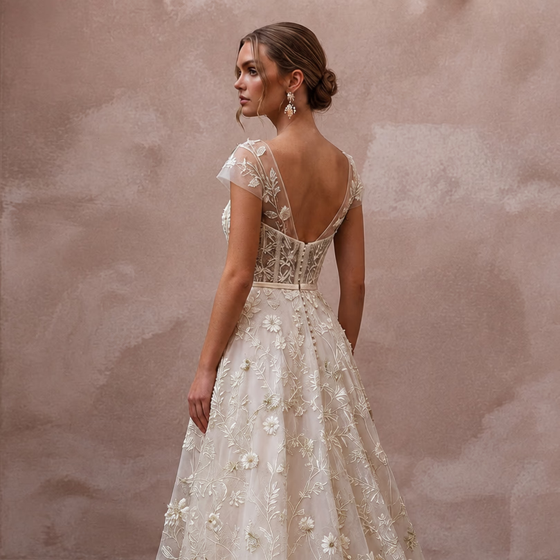 Botanical Ivory Embroidered Organza Dress for Park Elopement - Apparel & Accessories > Clothing > Wedding & Bridal Party Dresses > Wedding Dresses - Mignonette Bridal