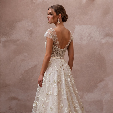 Botanical Ivory Embroidered Organza Dress for Park Elopement - Apparel & Accessories > Clothing > Wedding & Bridal Party Dresses > Wedding Dresses - Mignonette Bridal
