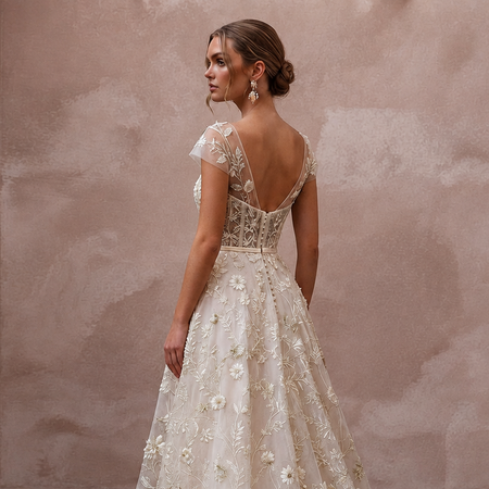 Botanical Ivory Embroidered Organza Dress for Park Elopement