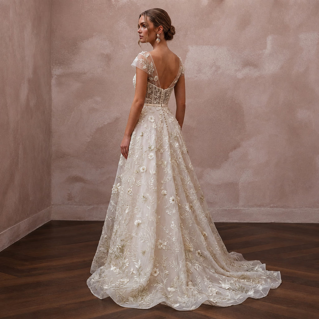 Botanical Ivory Embroidered Organza Dress for Park Elopement - Apparel & Accessories > Clothing > Wedding & Bridal Party Dresses > Wedding Dresses - Mignonette Bridal