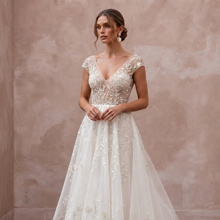 Botanical Ivory Embroidered Organza Wedding Dress for Park Elopement