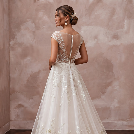 Botanical Ivory Embroidered Organza Wedding Dress for Park Elopement