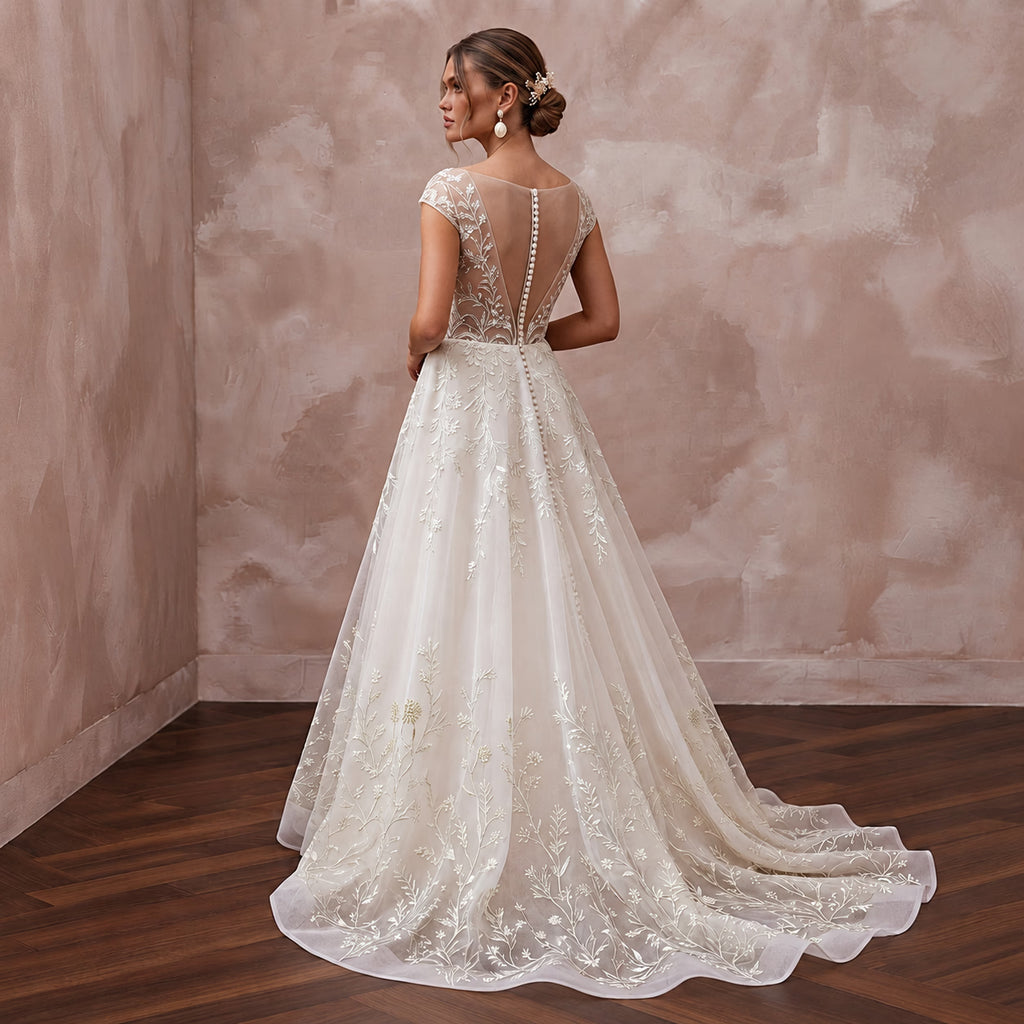 Botanical Ivory Embroidered Organza Wedding Dress for Park Elopement