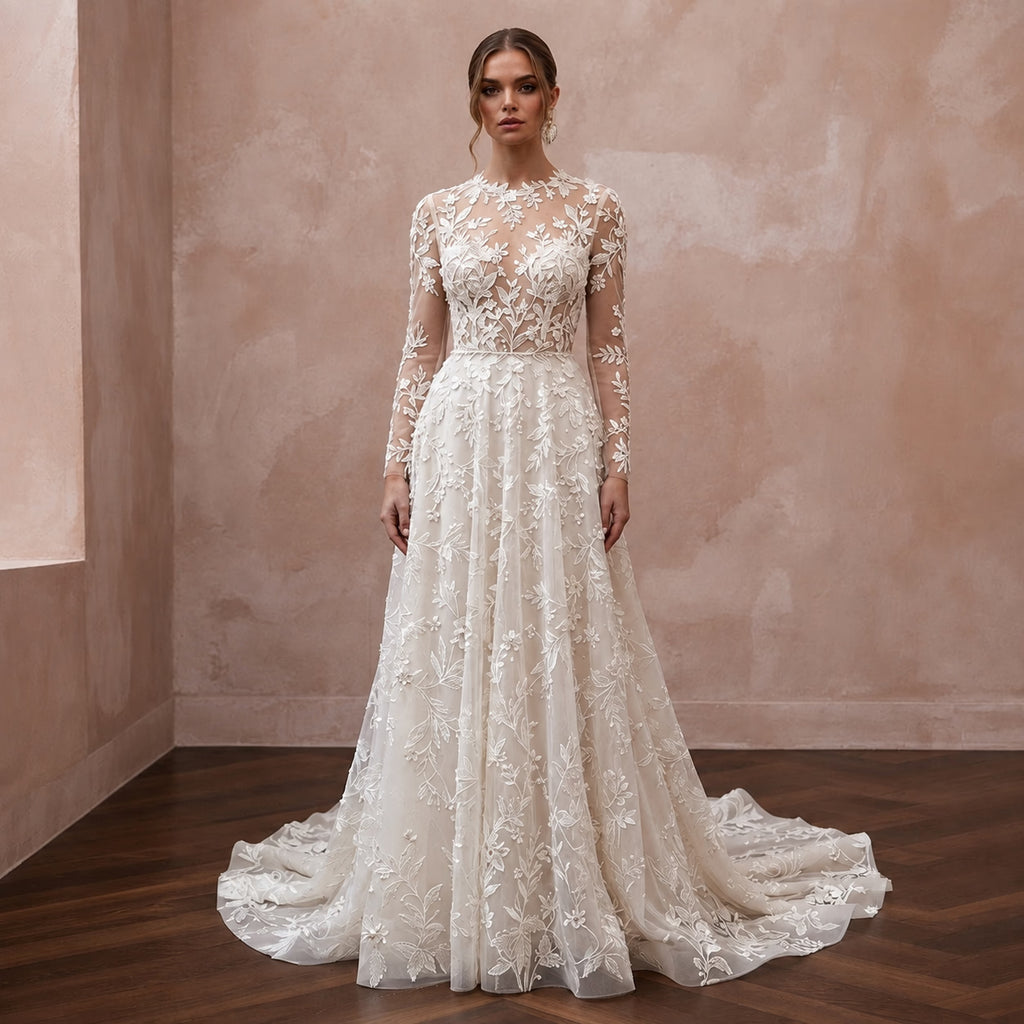 Botanical Lace Bridal Dress for a Spring Garden Ceremony