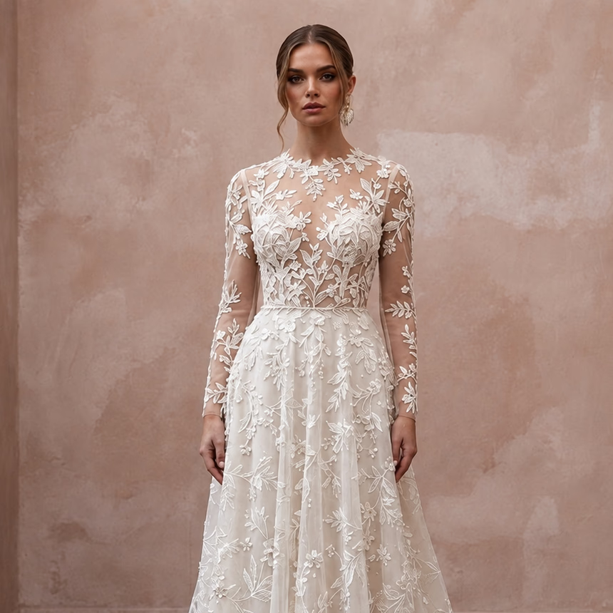 Botanical Lace Bridal Dress for a Spring Garden Ceremony
