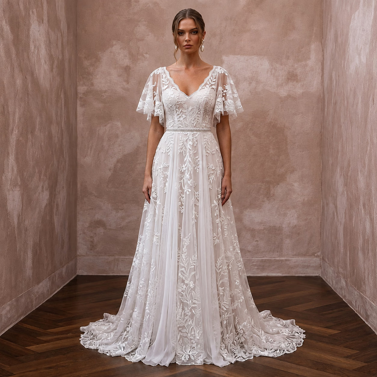 Botanical Lace Wedding Dress with Flutter Sleeves for a Garden Wedding