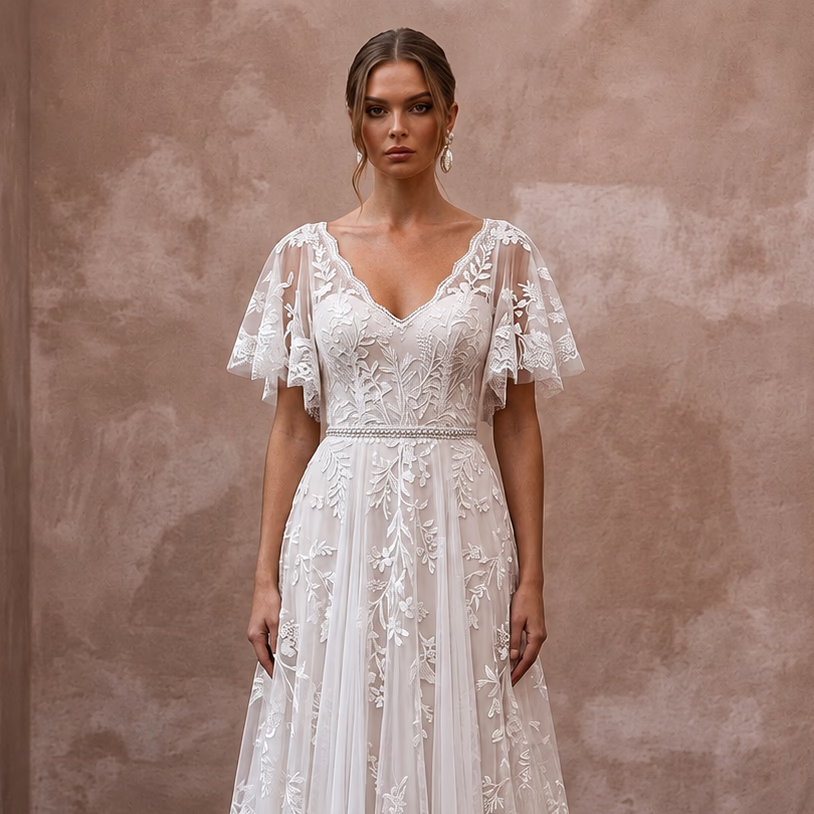 Botanical Lace Wedding Dress with Flutter Sleeves for a Garden Wedding