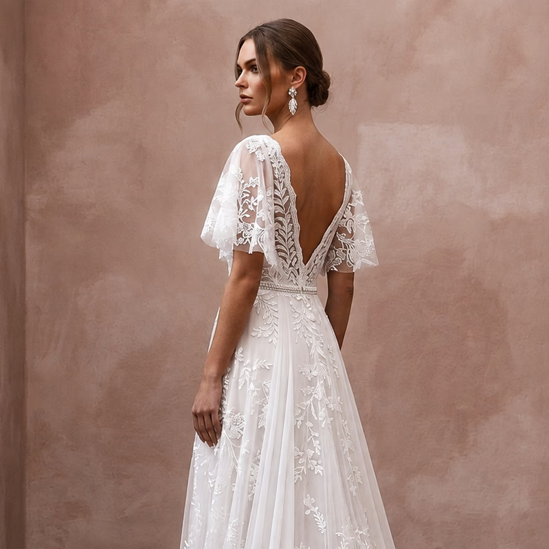 Botanical Lace Wedding Dress with Flutter Sleeves for a Garden Wedding
