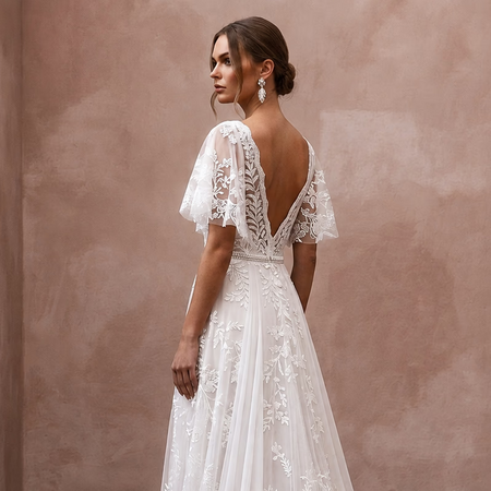 Botanical Lace Wedding Dress with Flutter Sleeves for a Garden Wedding