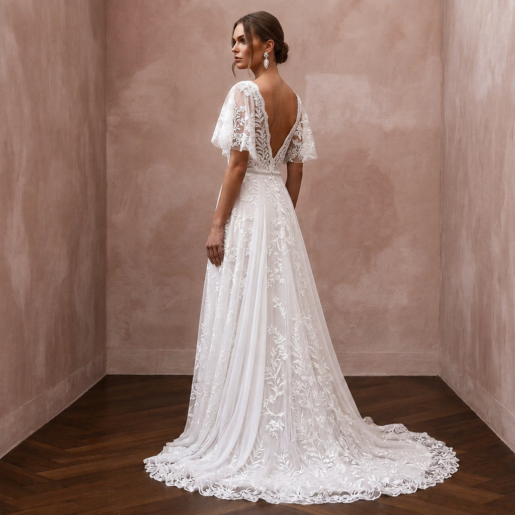 Botanical Lace Wedding Dress with Flutter Sleeves for a Garden Wedding