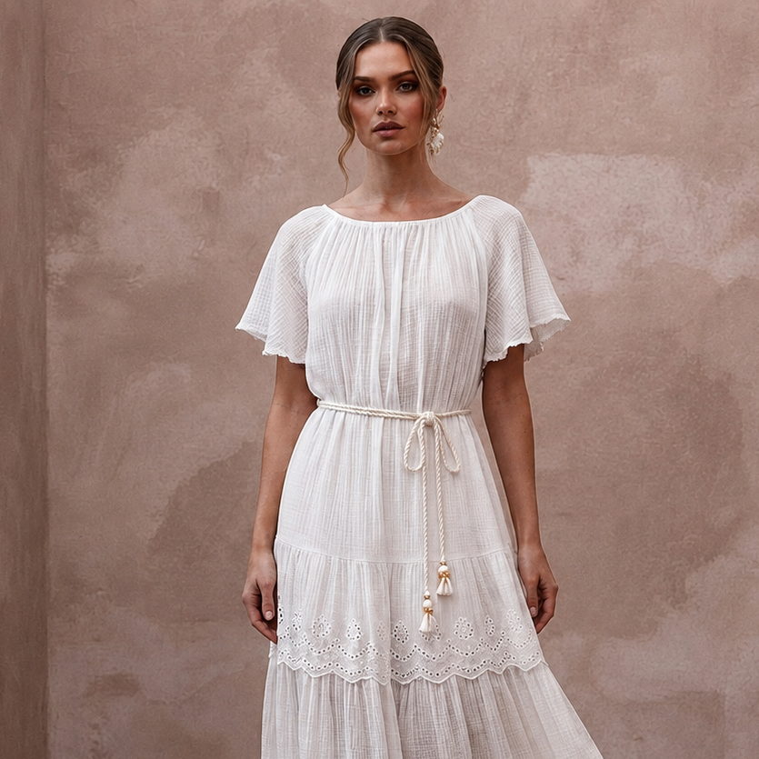 Breezy White Cotton Gauze Beach Dress for Rehearsal Dinner