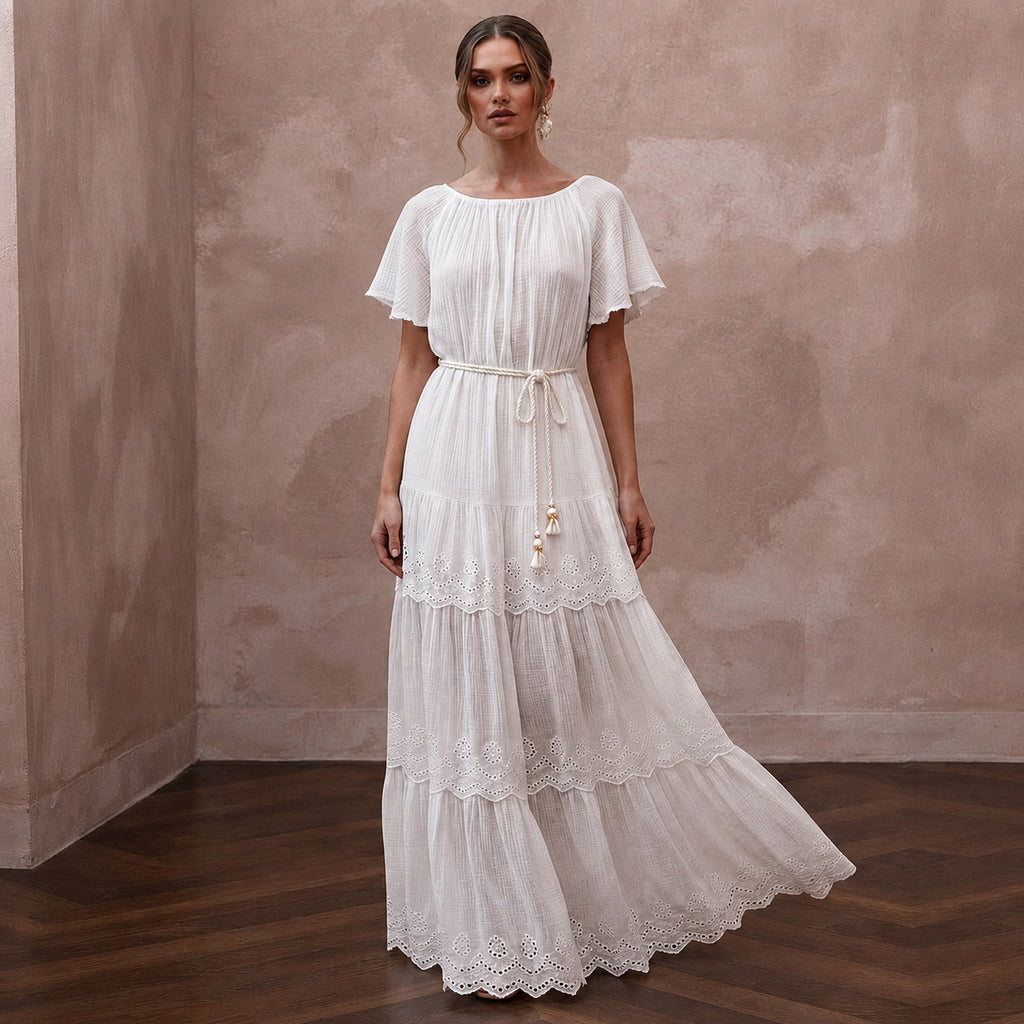 Breezy White Cotton Gauze Beach Dress for Rehearsal Dinner - Apparel & Accessories > Clothing > Wedding & Bridal Party Dresses > Wedding Dresses - Mignonette Bridal