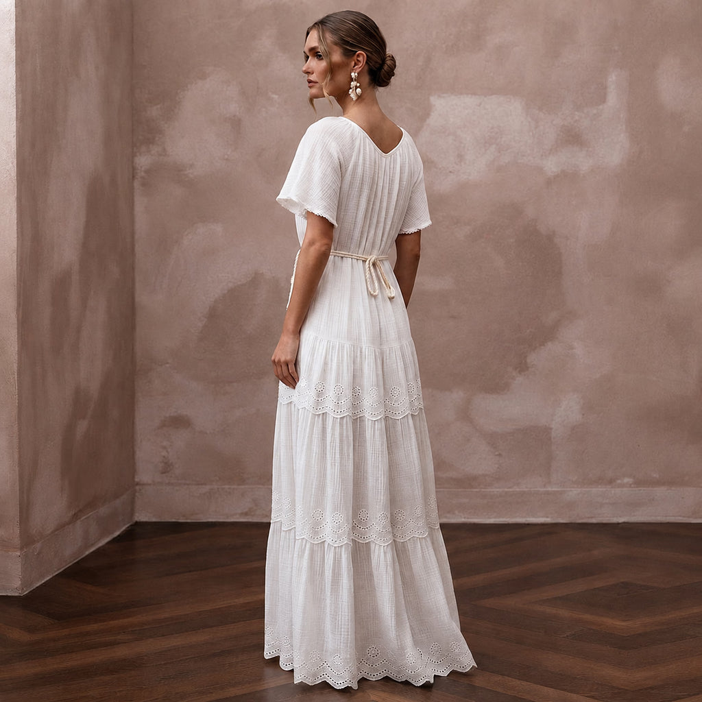 Breezy White Cotton Gauze Beach Dress for Rehearsal Dinner - Apparel & Accessories > Clothing > Wedding & Bridal Party Dresses > Wedding Dresses - Mignonette Bridal