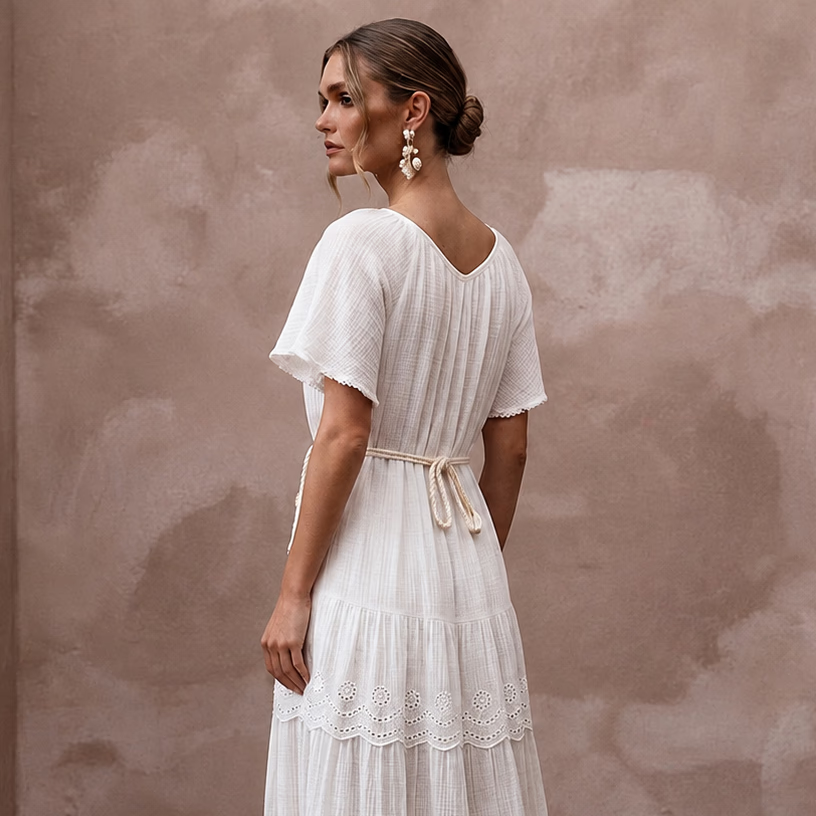 Breezy White Cotton Gauze Beach Dress for Rehearsal Dinner - Apparel & Accessories > Clothing > Wedding & Bridal Party Dresses > Wedding Dresses - Mignonette Bridal
