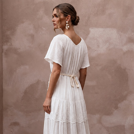 Breezy White Cotton Gauze Beach Dress for Rehearsal Dinner - Apparel & Accessories > Clothing > Wedding & Bridal Party Dresses > Wedding Dresses - Mignonette Bridal