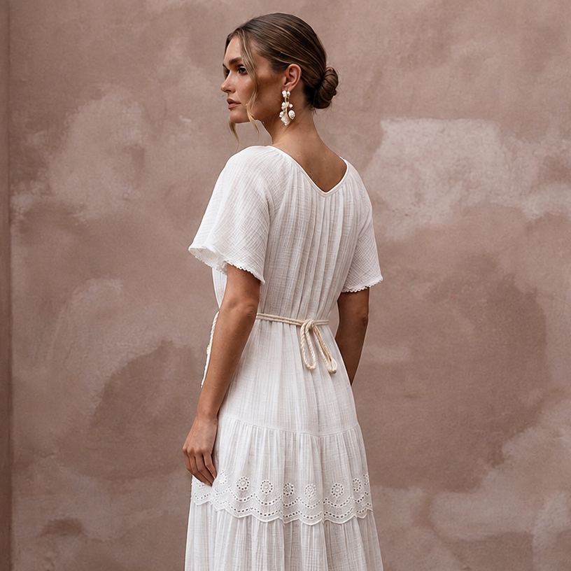 Breezy White Cotton Gauze Beach Dress for Rehearsal Dinner