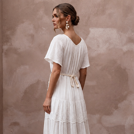 Breezy White Cotton Gauze Beach Dress for Rehearsal Dinner