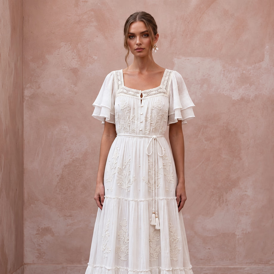 Breezy White Cotton Gauze Beach Wedding Dress for Rehearsal Dinner